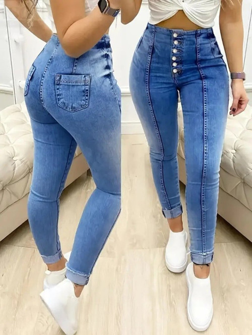 Kadın Yüksek Bel önden Düğmeli Jean Pantolon - L - Lacivert