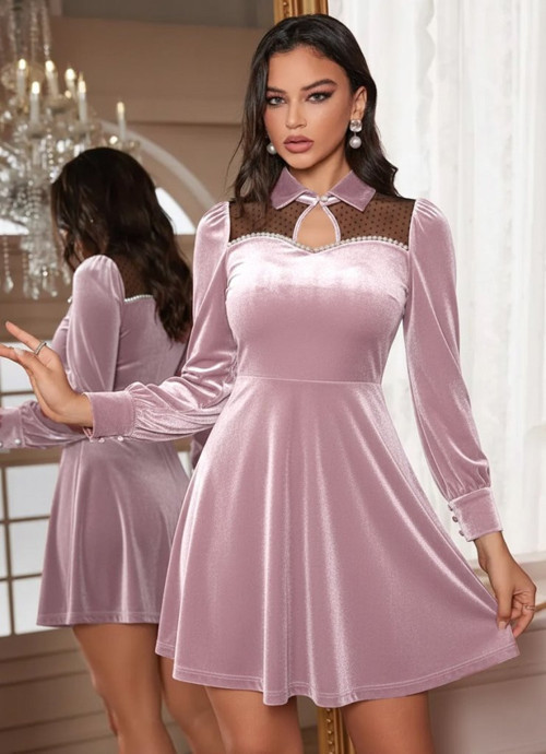 Kadın Uzun Kollu Yakalı Tül Detaylı Incili Mini Kadife Elbise - S-M - Pembe