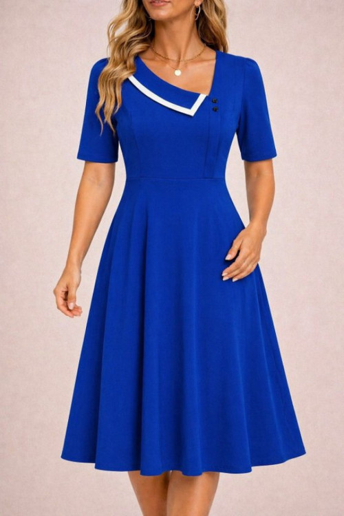 Kadın Kısa Kollu Asimetrik Yaka Detaylı Midi Janjan Krep Elbise - 2XL-3XL - Saks Mavi