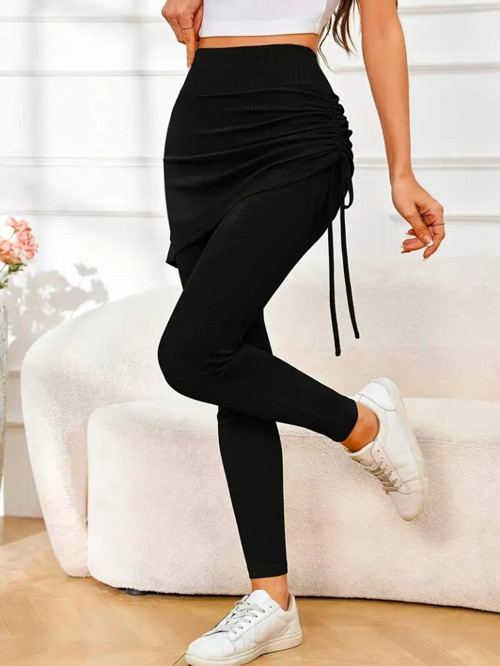 Kadın Yüksek Bel Yandan Büzgülü Alttan Uzun Kaşkorse Tayt Etek - 2XL-3XL - Siyah