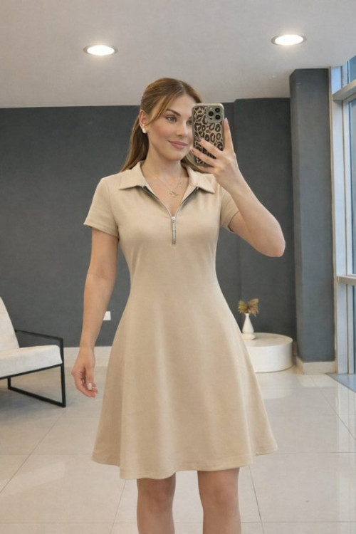 Kadın Kısa Kollu Yakası Fermuarlı Kısa Viskon Iki Iplik Elbise - L-XL - Bej