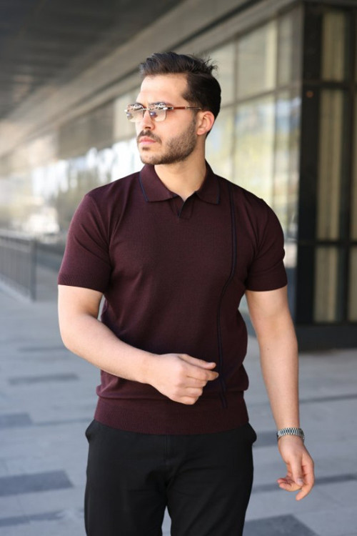 Erkek Çizgi Detaylı Yakalı Triko Tişört - L - Koyu Bordo