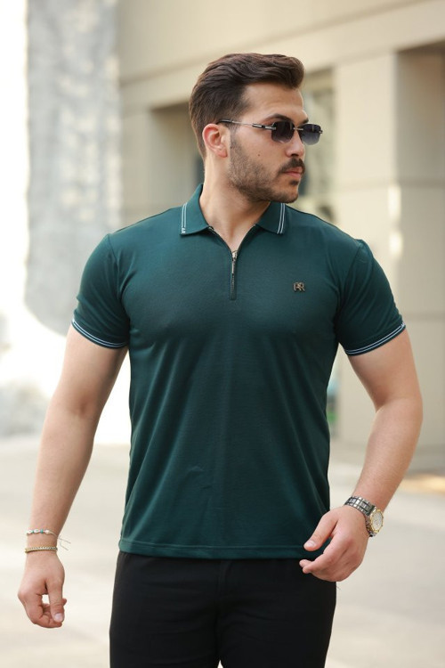 Erkek Yaka Ve Kolları çizgi Detaylı Fermuar Yakalı Kısa Kollu Tişört - 2XL - Koyu Yeşil