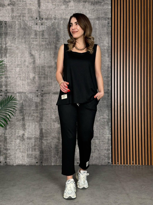 Kadın Askılı Yuvarlak Yaka Viskon Iki Iplik Bluz Ve Eşofman Altı Ikili Takım - L-XL - Siyah