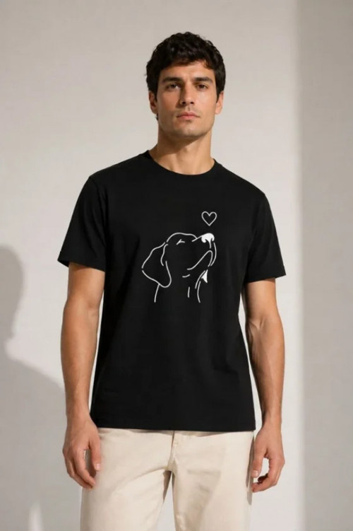 Erkek Köpek Figürlü Minimal Baskılı Tişört Kısa Kol Yazlık T-Shirt - Siyah - XL - Siyah