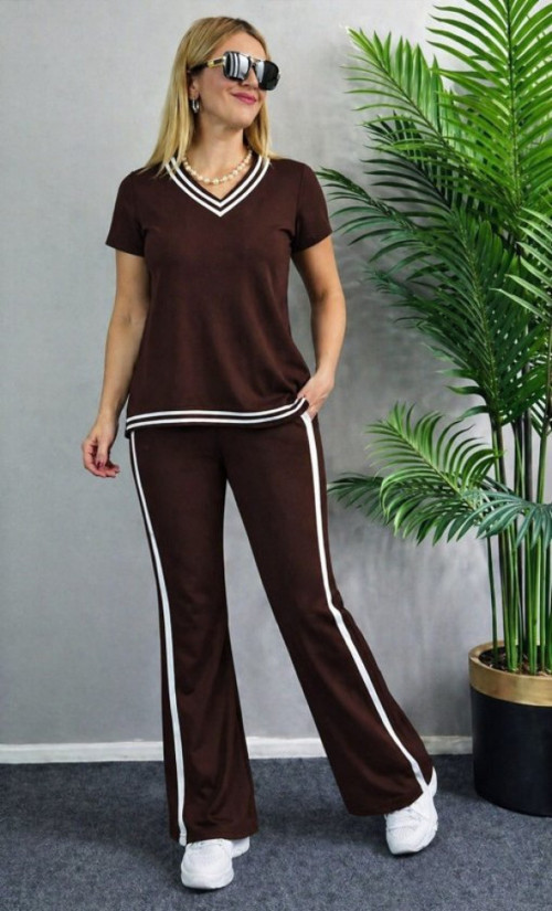 Kadın Kısa Kollu V Yakalı Viskon Iki Iplik Bluz Ve Pantolon Ikili Takım - 2XL-3XL - Kahve