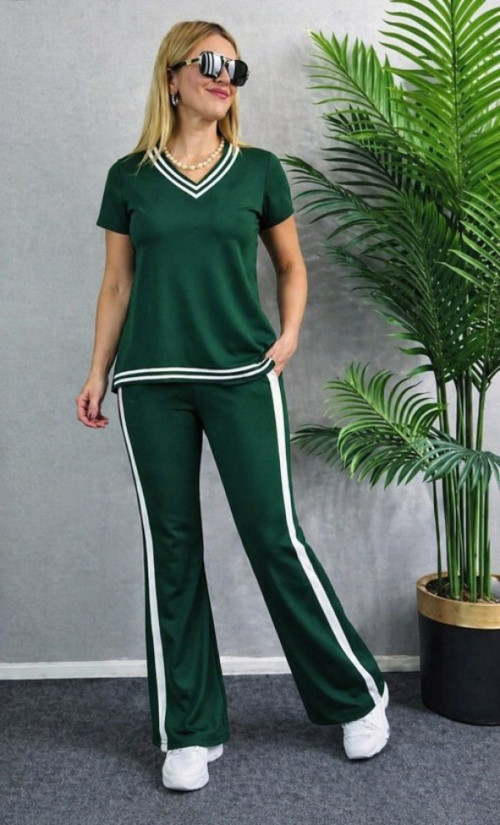 Kadın Kısa Kollu V Yakalı Viskon Iki Iplik Bluz Ve Pantolon Ikili Takım - 2XL-3XL - Yeşil