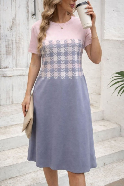 Kadın Kısa Kollu Bisiklet Yakalı Desenli Süprem Elbise - L-XL - Pembe