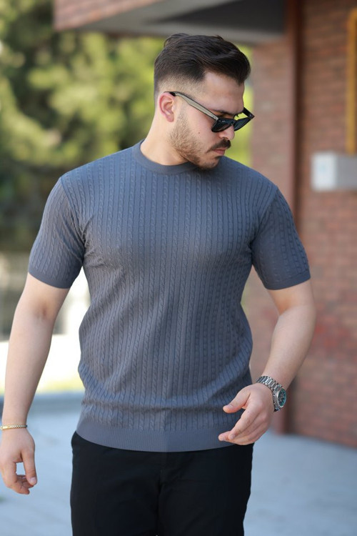 Erkek Bisiklet Yaka örgü Desenli Kısa örme Triko Kısa Kollu T-shirt - L - Füme