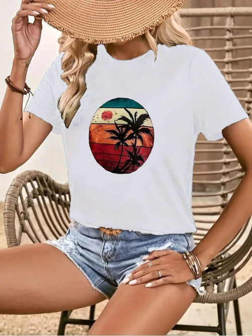 Kadın Kısa Kollu Palmiye Baskılı Viskon T-shirt - 2XL-3XL - Beyaz