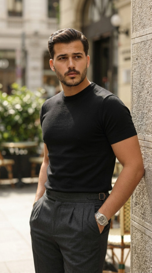 Erkek Basic Bisiklet Yaka Kısa Kollu Triko Tişört - %100 Pamuk Akrilik - 2XL - Siyah