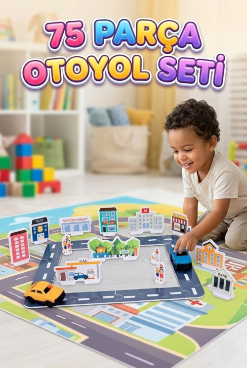 75 Parça Maket Şehir ve Otoyol Seti - Çocuklar İçin Eğitici Yol Yapbozu ve Arabalar