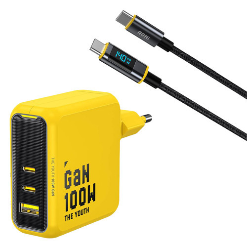 Youth 3 Portlu 100W Şarj Adaptörü, LED Ekranlı 140W Hızlı Şarj Kablosu Seti