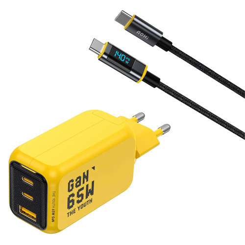 Youth 3 Portlu 65W Şarj Adaptörü, LED Ekranlı 140W Hızlı Şarj Kablosu Seti
