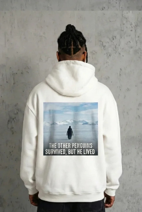Siyah Oversize Hoodie - Sırt Baskılı Survivor Penguin Temalı, Felsefi Yazılı Kapüşonlu Sweatshirt - Beyaz - XS - Beyaz