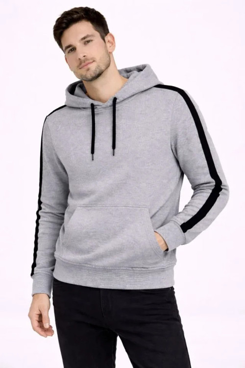Erkek Şeritli Kapüşonlu Sweatshirt Oversize 3 Iplik Pamuklu - Gri - S - Gri