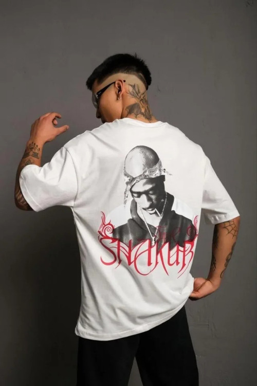 Erkek Oversize Tişört – Beyaz 24/1 Penye Kumaş, Bisiklet Yaka, Ön - Arka Baskılı, Streetwear Tarzı Rahat Büyük Kalıp T-Shirt- Beyaz - S - Beyaz