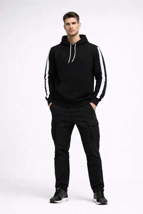 Erkek Şeritli Kapüşonlu Sweatshirt Oversize 3 Iplik Pamuklu - Siyah - S - Siyah