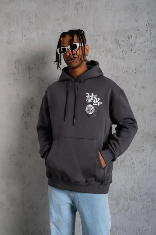 Erkek Baskılı Kapşonlu Sweat - Füme - S - Füme