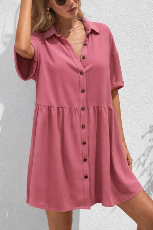 Kadın Kısa Kollu Yakalı önden Düğmeli Kısa Bürümcük Elbise - L-XL - Pembe