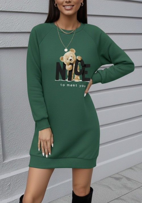 Kadın Uzun Kollu Bisiklet Yaka Ayı Desenli Viskon Iki Iplik Elbise - 2XL-3XL - Yeşil