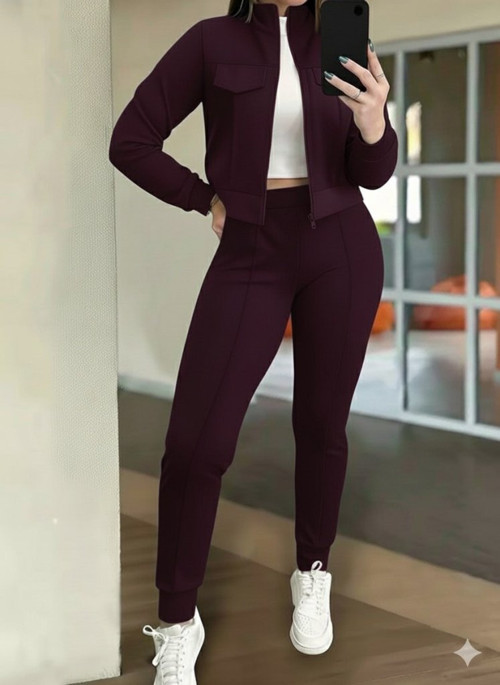 Kadın Uzun Kollu önden Fermuarlı Kısa Modal Mor Ceket Ve Pantolon Ikili Takım - S-M - Bordo