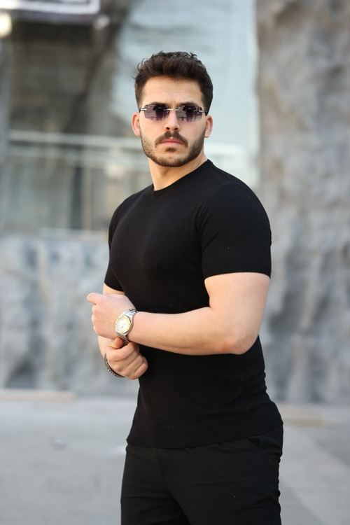 Erkek Viskon Kumaş Bisiklet Yaka Basic Tişört - 3XL - Siyah