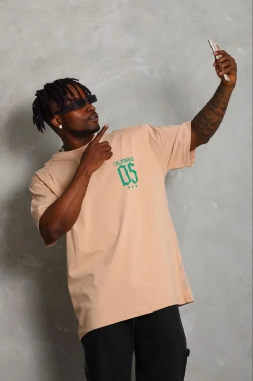 Erkek Baskılı T-Shirt Kısa Kol Bisiklet Yaka Regular Fit Rahat Kalıp Günlük Tişört - Bej - M - Bej