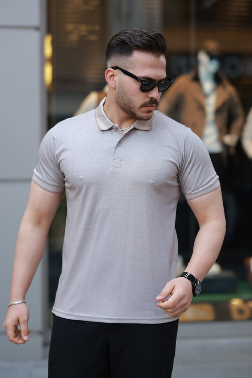 Erkek Yakalı Kagi Kumaş Kısa Kollu T-shirt - M - Bej