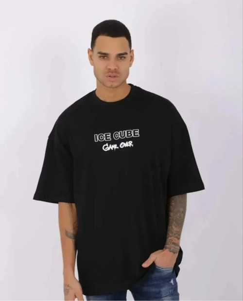 Unisex Bisiklet Yaka Baskılı Oversize T-Shirt - Siyah - XL - Siyah