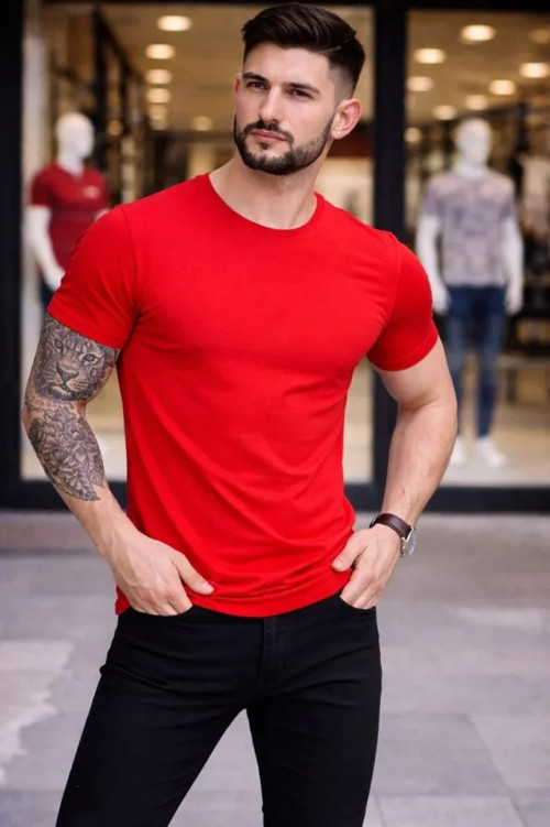 Erkek T-Shirt Bisiklet Yaka Slim Fit Dar Kesim Likralı Tişört Günlük Basic Body - Kırmızı - S - Kırmızı
