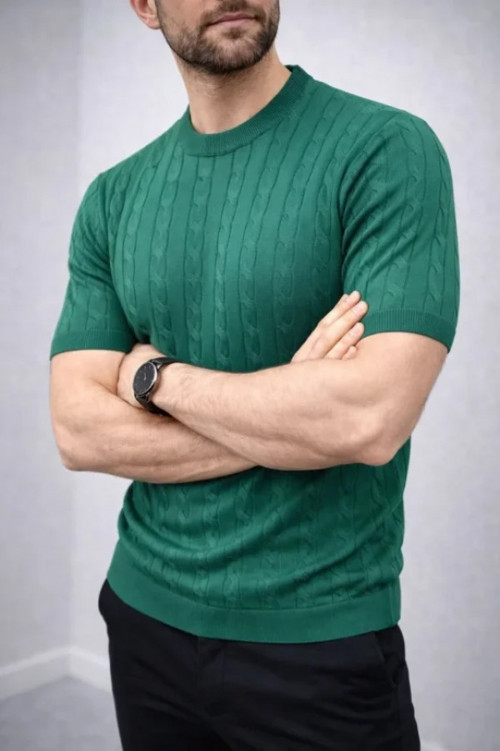 Erkek Yazlık Triko Dokuma Tişört Kısa Kol Bisiklet Yaka Örgü Desenli T-Shirt - Haki - L - Haki