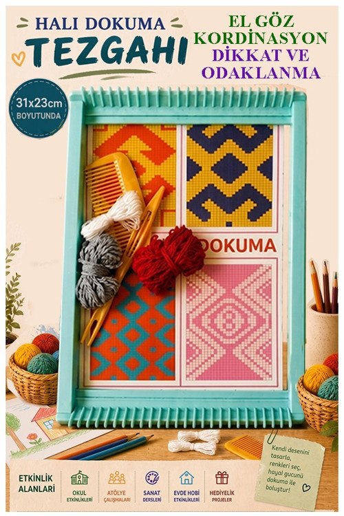 Halı Dokuma Tezgahı Plastik 23x31 cm 1 Paket Okul Çocuk Hobi Elişi Tezgah Halı Dokuma Seti Okul Sınıf Etkinlik