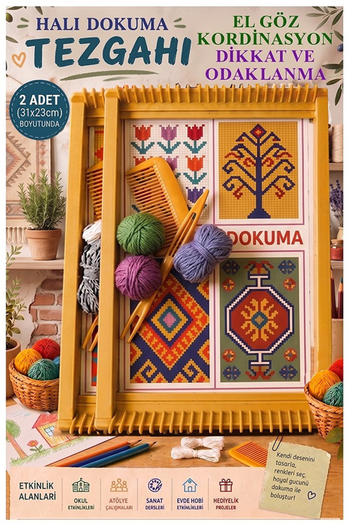 Halı Dokuma Tezgahı Plastik 23x31 cm 2 Paket Okul Çocuk Hobi Elişi Tezgah Halı Dokuma Seti Okul Sınıf Etkinlik