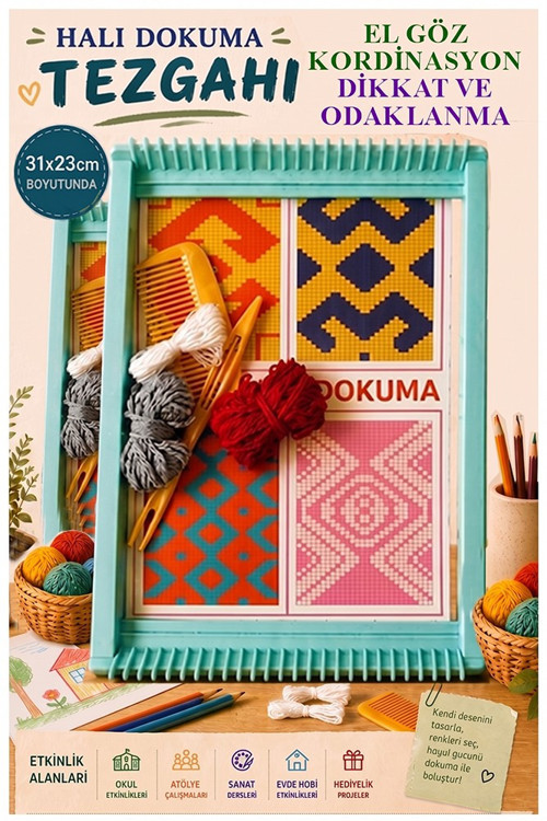 Halı Dokuma Tezgahı Plastik 23x31 cm 2 Paket Okul Çocuk Hobi Elişi Tezgah Halı Dokuma Seti Okul Sınıf Etkinlik