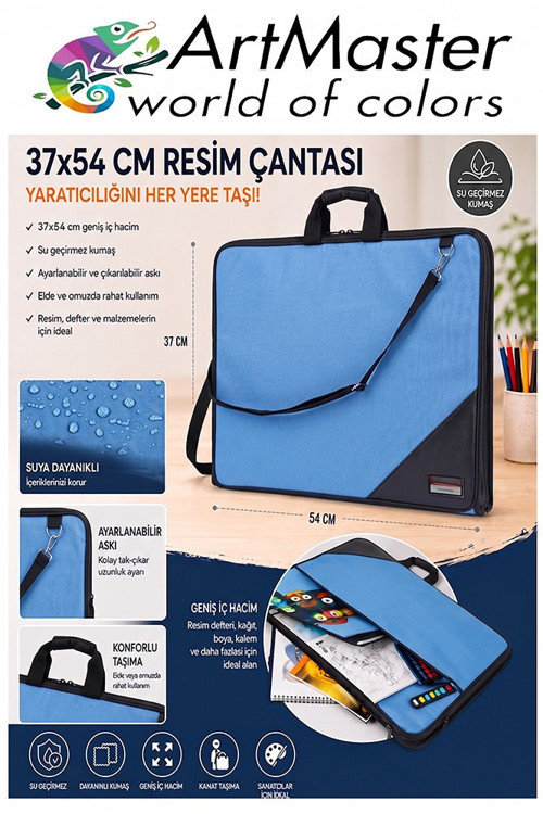 Mavi Resim Çantası Kumaş 37x54 cm 1 Adet Teknik Resim Dosya Çantası 35x50 cm Askılı Bez Proje Çantası Fermuarlı Okul