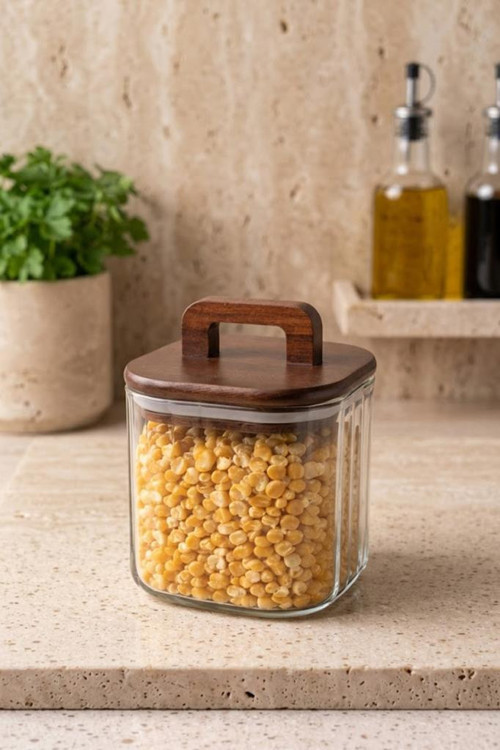 Akasya Saplı Cam Kavanoz 700 ml - Vakumlu Çizgili Cam Baharatlık Kahve ve Bakliyat Kabı