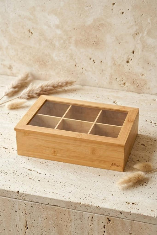 Bambu 6 Bölmeli Cam Kapaklı Çay Kutusu - Poşet Çay Düzenleyici Organizer