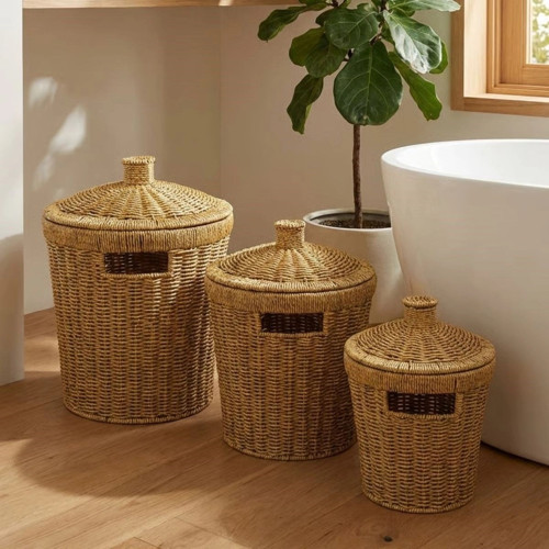 ® 3’lü İç İçe Geçebilen Büyük Plastik Rattan Hasır Sepet Seti-Dayanıklı Çok Amaçlı Ev,Banyo ve