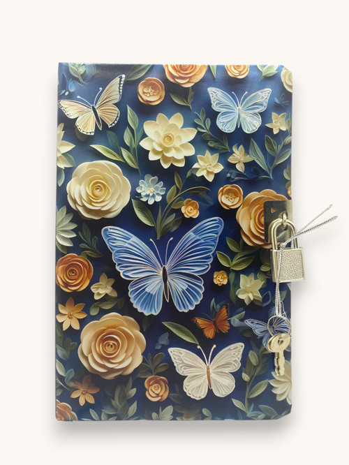 Lacivert Kelebek 3D Görünümlü Hatıra Defteri (Günlük) Kilitli Defter 80 yaprak