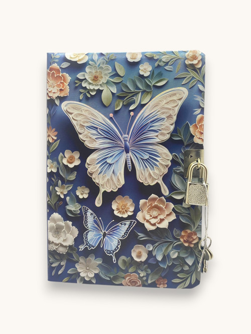 Mavi Büyük Kelebek 3D Görünümlü Hatıra Defteri (Günlük) Kilitli Defter 80 yaprak