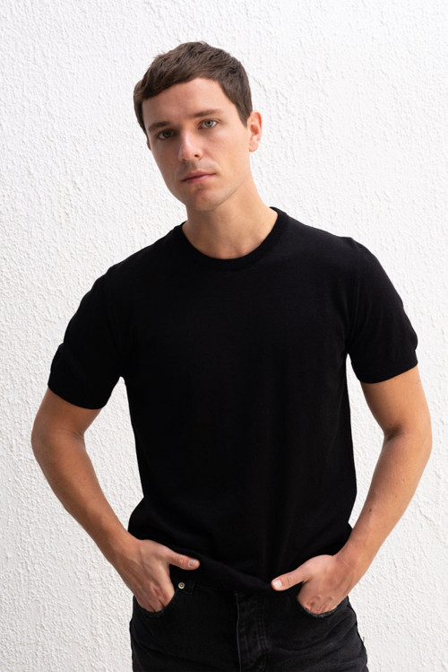 YAKE STORE BİSİKLET YAKA TRİKO SİYAH T-SHIRT - SİYAH