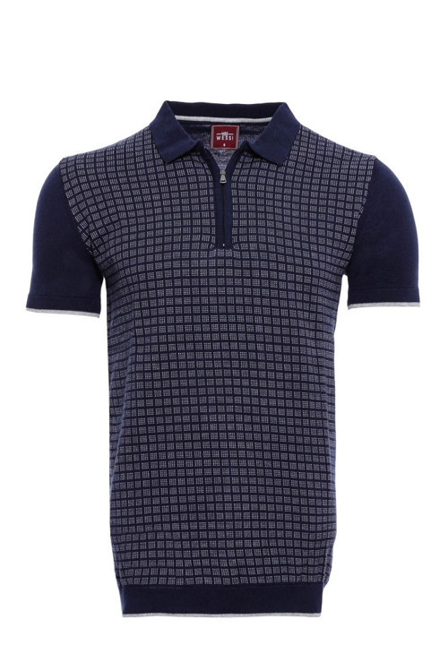 YAKE STORE Polo Yaka Lacivert Desenli Fermuarlı Örme T-shirt | Wessi - Koyu Mavi