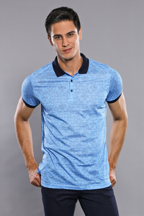 YAKE STORE Çiçek Desenli Turkuaz Polo Yaka T-shirt | Wessi - Mavi