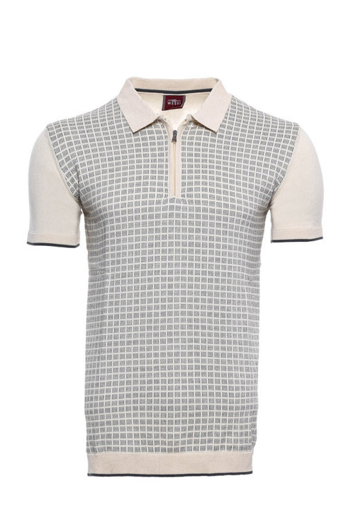 YAKE STORE Polo Yaka Krem Desenli Fermuarlı Örme T-shirt | Wessi - Krem