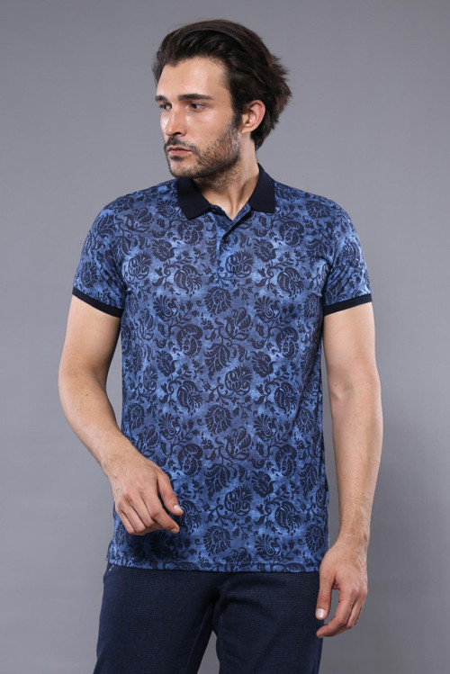 YAKE STORE Çiçek Desenli Mavi Polo Yaka T-shirt | Wessi - Mavi
