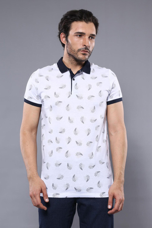 YAKE STORE Desenli Beyaz Polo Yaka T-shirt | Wessi - Beyaz