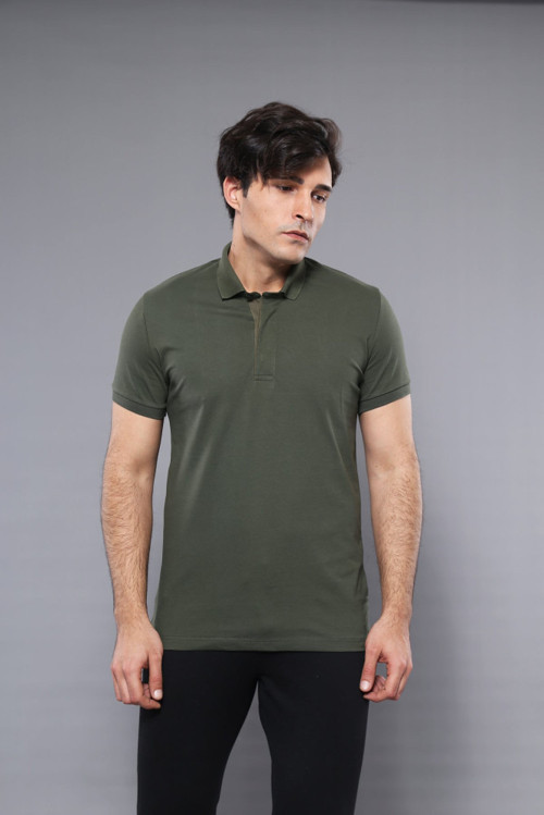 YAKE STORE Polo Yaka Düz Haki Erkek T-shirt - Wessi - Yeşil