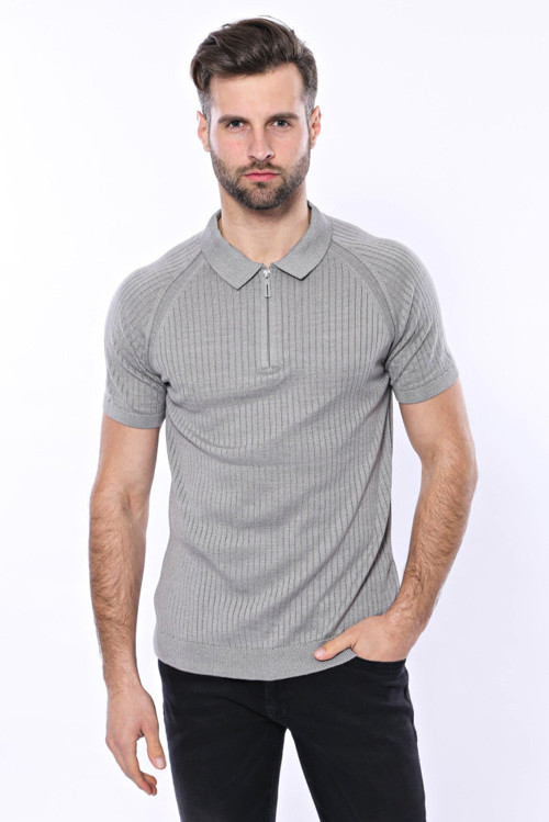 YAKE STORE Polo Yaka Fermuarlı Örme Gri T-shirt | Wessi - Gri