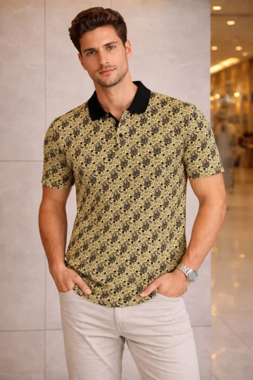 YAKE STORE Erkek Pike Kumaş Polo Yaka Palmiye Desenli Tişört Kısa Kol Yazlık T-Shirt - Sarı - Sarı